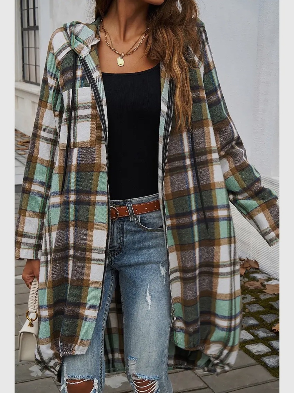 Plaid Hooded Zip-Front Coatigan in Sage Green & Brown